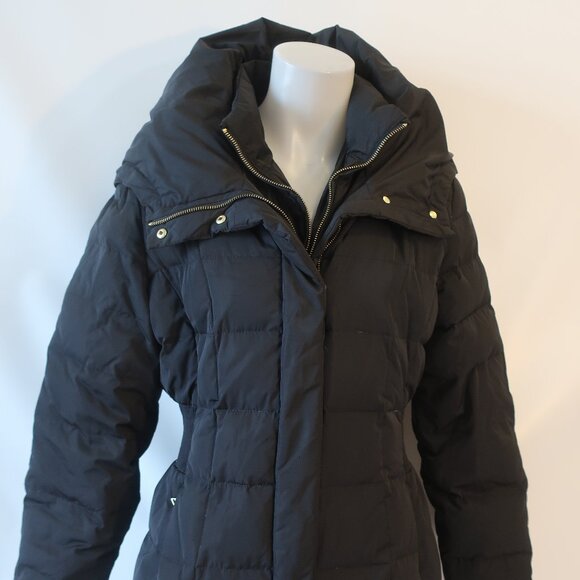Womens Cole Haan Black Down Cluster With Feather Fill Hooded Midi Puffer Coat L - Picture 3 of 16